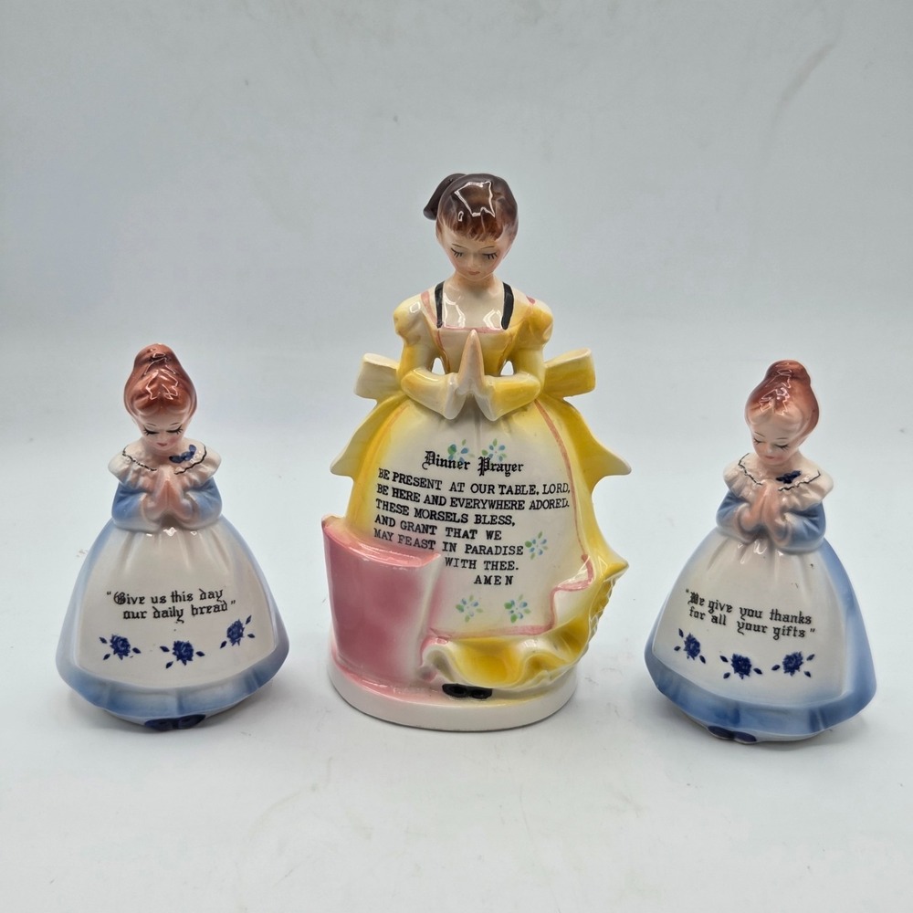 Vintage Enesco Praying Mother & Children 3pc Set: Napkin Holder, Salt & Pepper